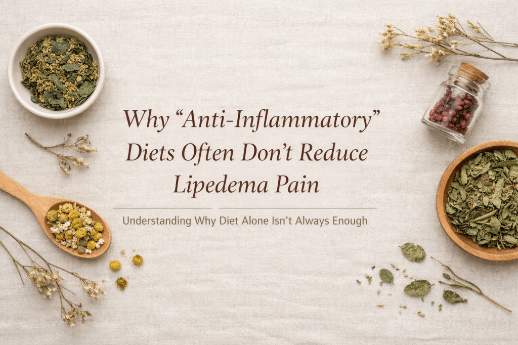 Neutral herbal flat lay representing anti-inflammatory herbs and lipedema support